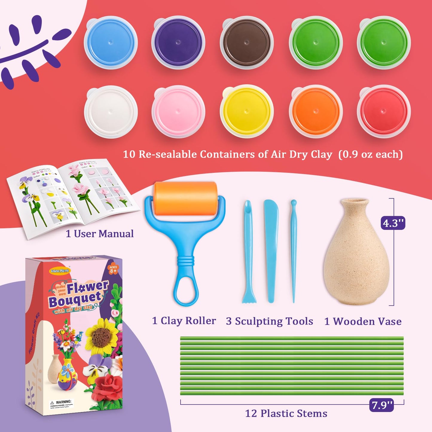 Drama Planet Flower Craft Kit for Kids | Air-Dry Clay Bouquets & Personalized Art