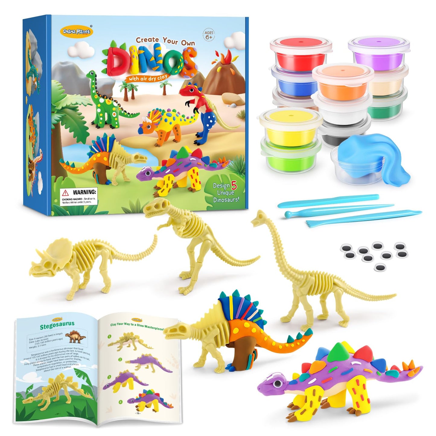 Drama Planet Dinosaur Air Dry Clay Kit – Create 5 Dinosaur Models in 12 Colors