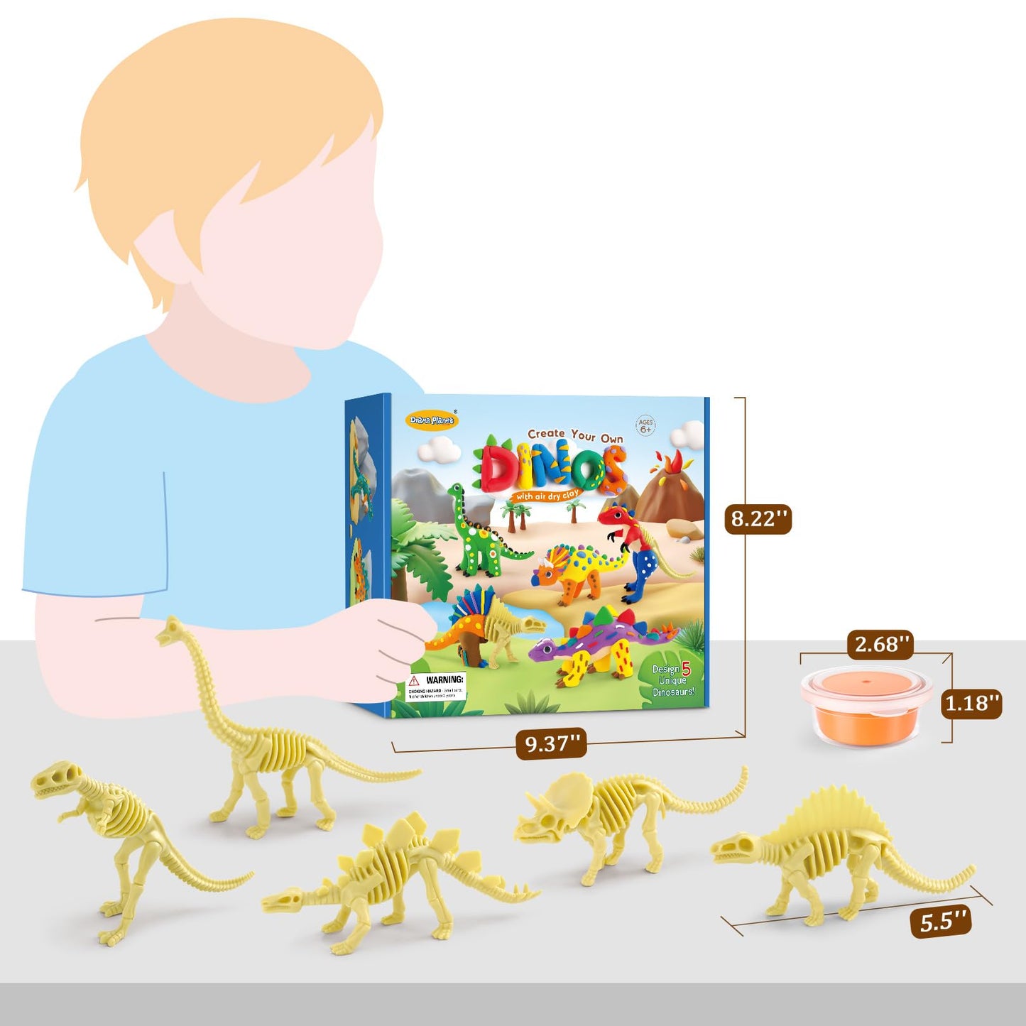 Drama Planet Dinosaur Air Dry Clay Kit – Create 5 Dinosaur Models in 12 Colors