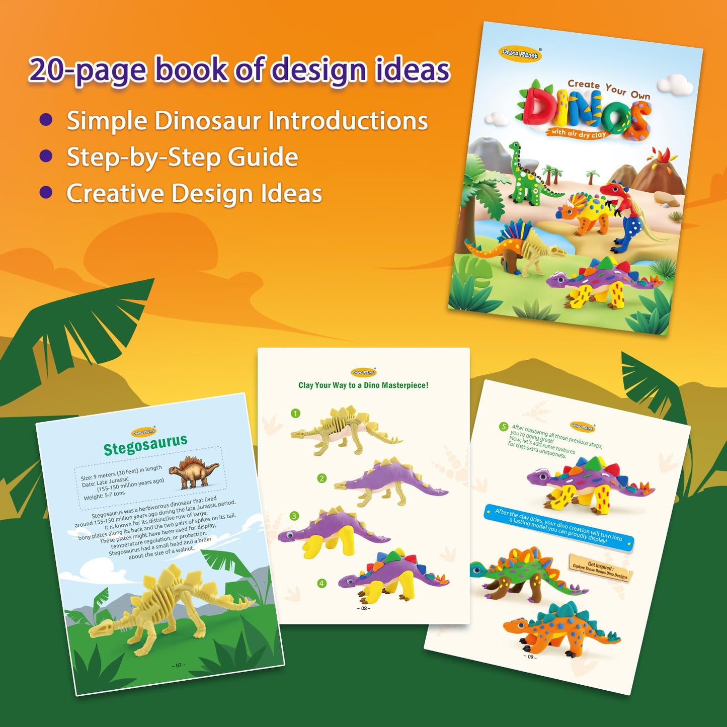 Drama Planet Dinosaur Air Dry Clay Kit – Create 5 Dinosaur Models in 12 Colors
