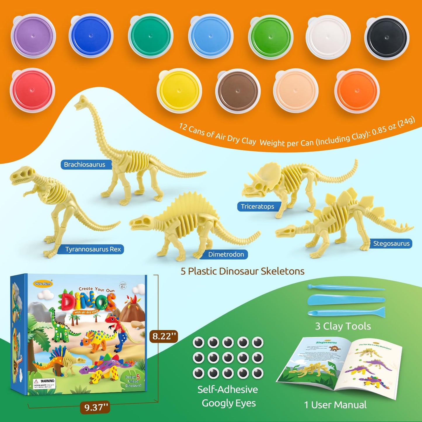 Drama Planet Dinosaur Air Dry Clay Kit – Create 5 Dinosaur Models in 12 Colors