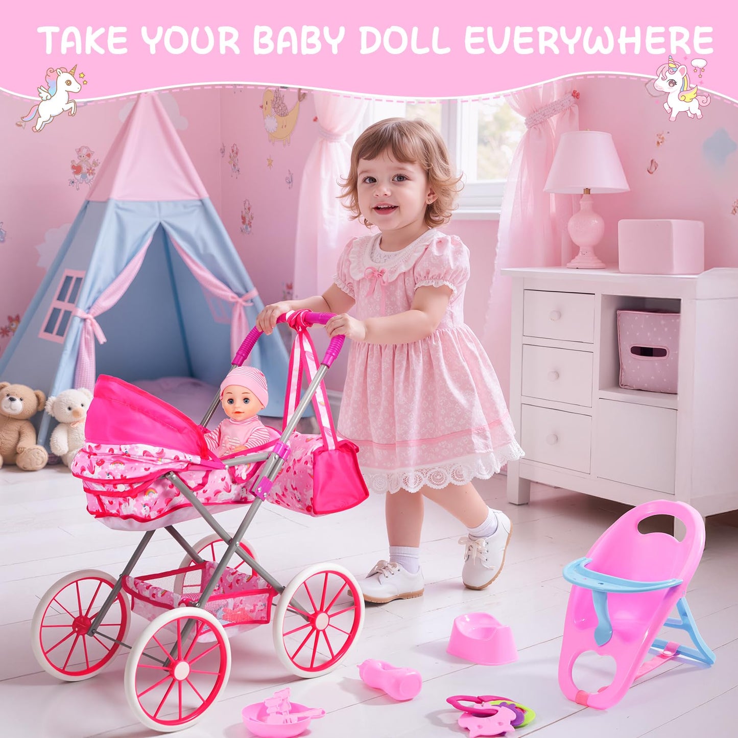 DRAMATION Unicorn Baby Doll Stroller Set – 11-Inch Doll, Foldable Stroller, Playpen, Dining Chair & 24 Accessories for Girls 3-6