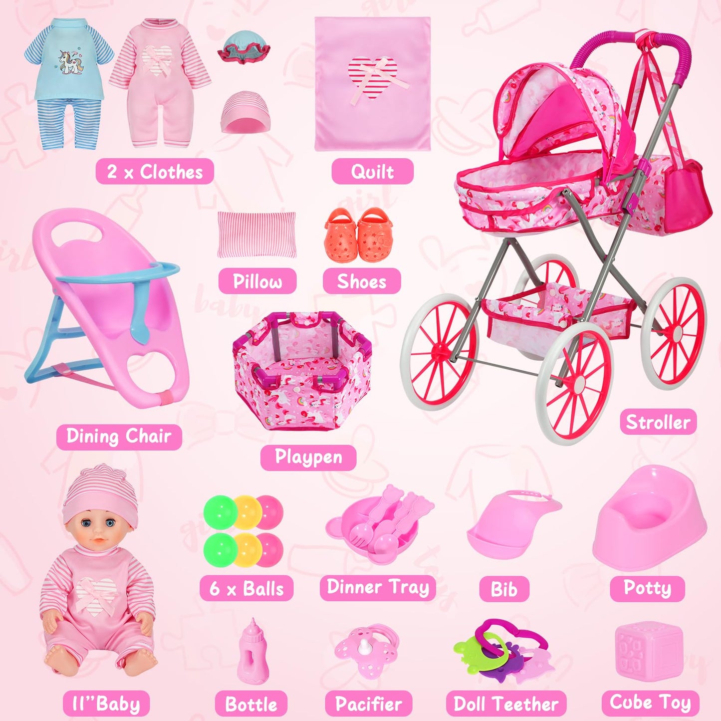 DRAMATION Unicorn Baby Doll Stroller Set – 11-Inch Doll, Foldable Stroller, Playpen, Dining Chair & 24 Accessories for Girls 3-6