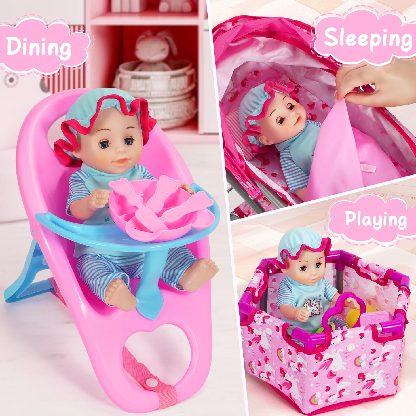DRAMATION Unicorn Baby Doll Stroller Set – 11-Inch Doll, Foldable Stroller, Playpen, Dining Chair & 24 Accessories for Girls 3-6