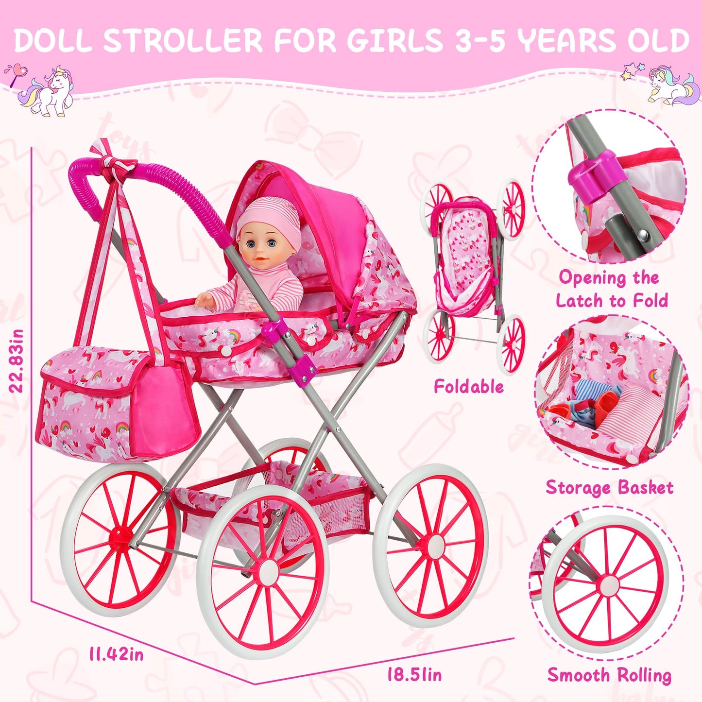 DRAMATION Unicorn Baby Doll Stroller Set – 11-Inch Doll, Foldable Stroller, Playpen, Dining Chair & 24 Accessories for Girls 3-6
