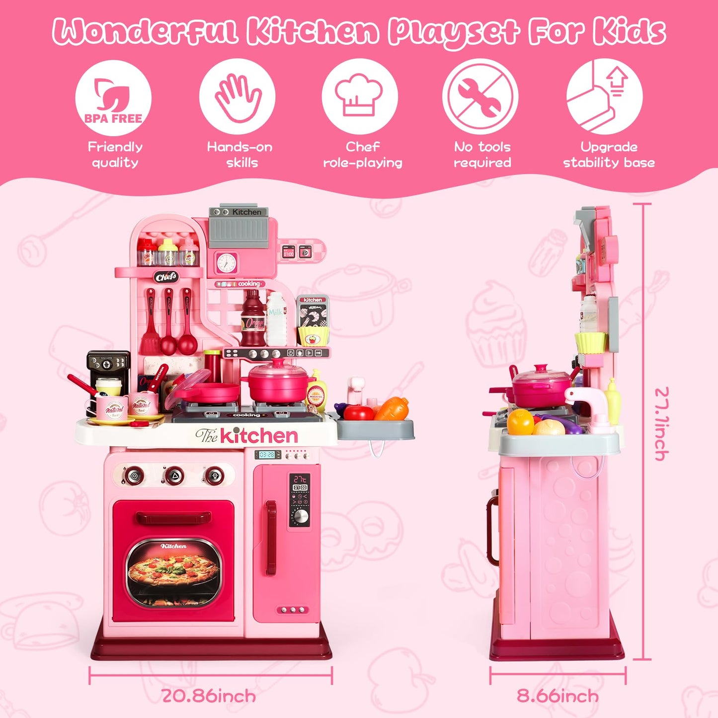 DRAMATION Kids Kitchen Playset – 27.1-Inch Pink Play Kitchen with Light & Sound