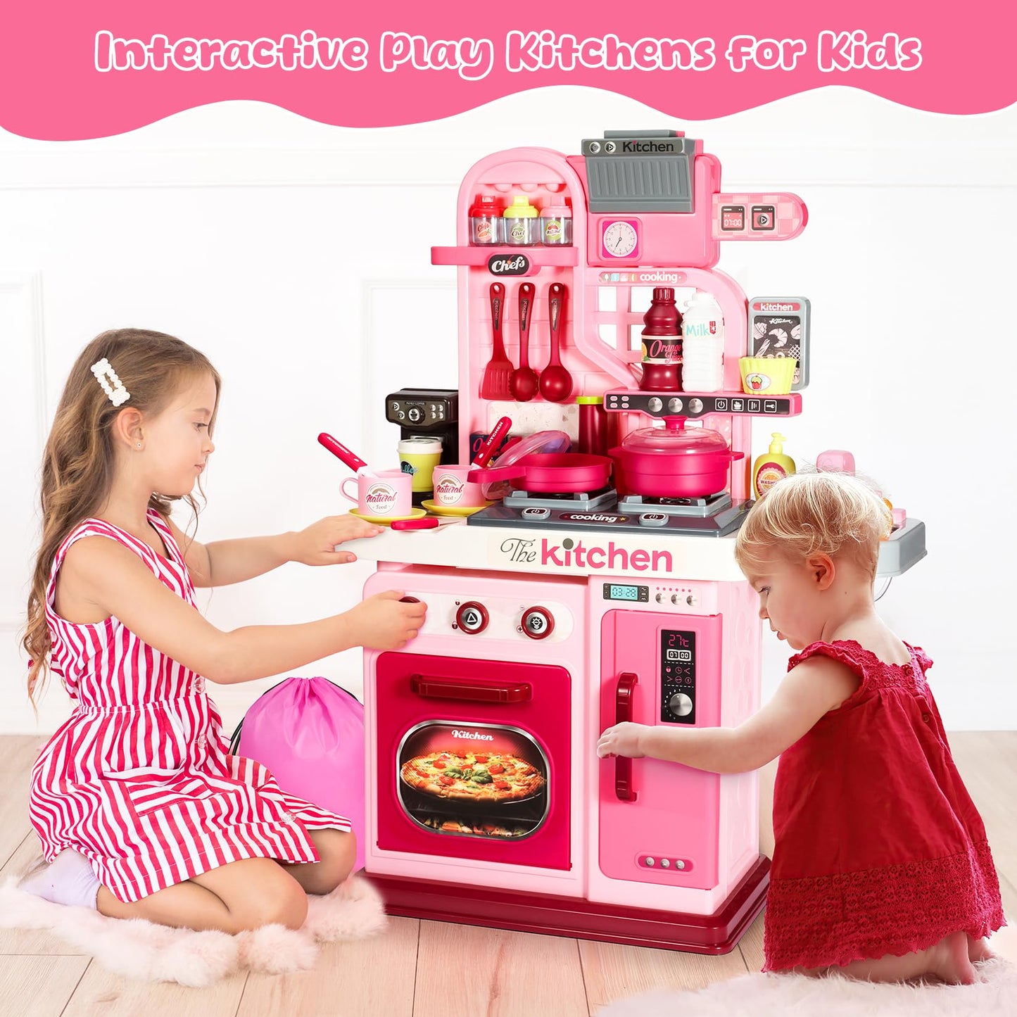 DRAMATION Kids Kitchen Playset – 27.1-Inch Pink Play Kitchen with Light & Sound