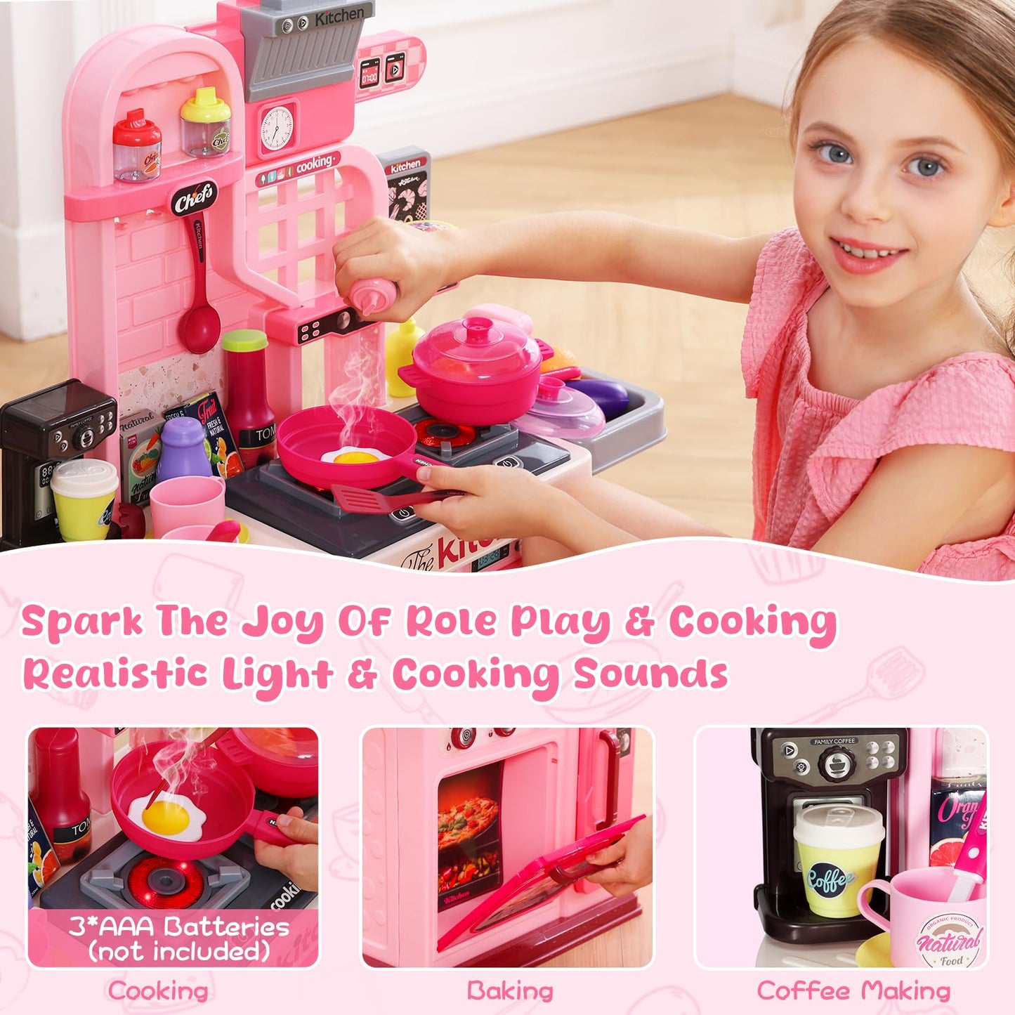 DRAMATION Kids Kitchen Playset – 27.1-Inch Pink Play Kitchen with Light & Sound