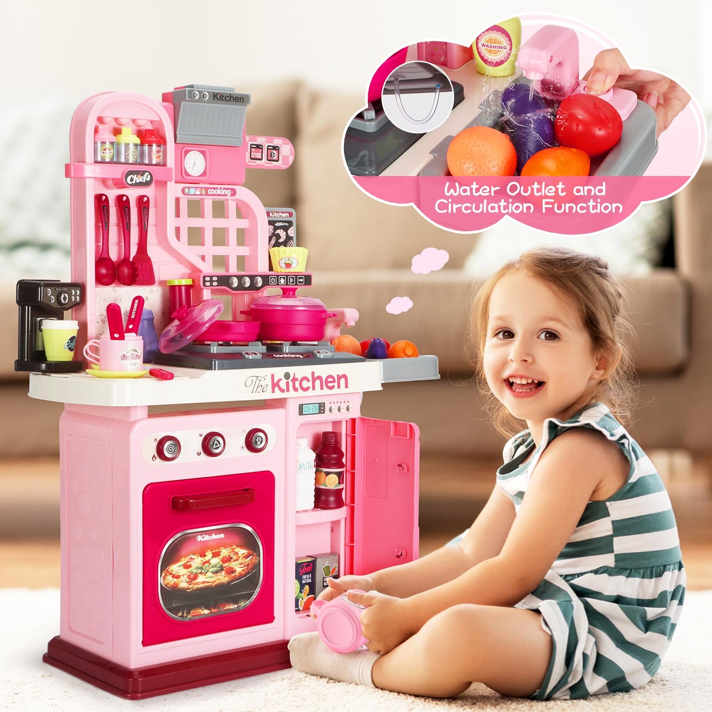 DRAMATION Kids Kitchen Playset – 27.1-Inch Pink Play Kitchen with Light & Sound