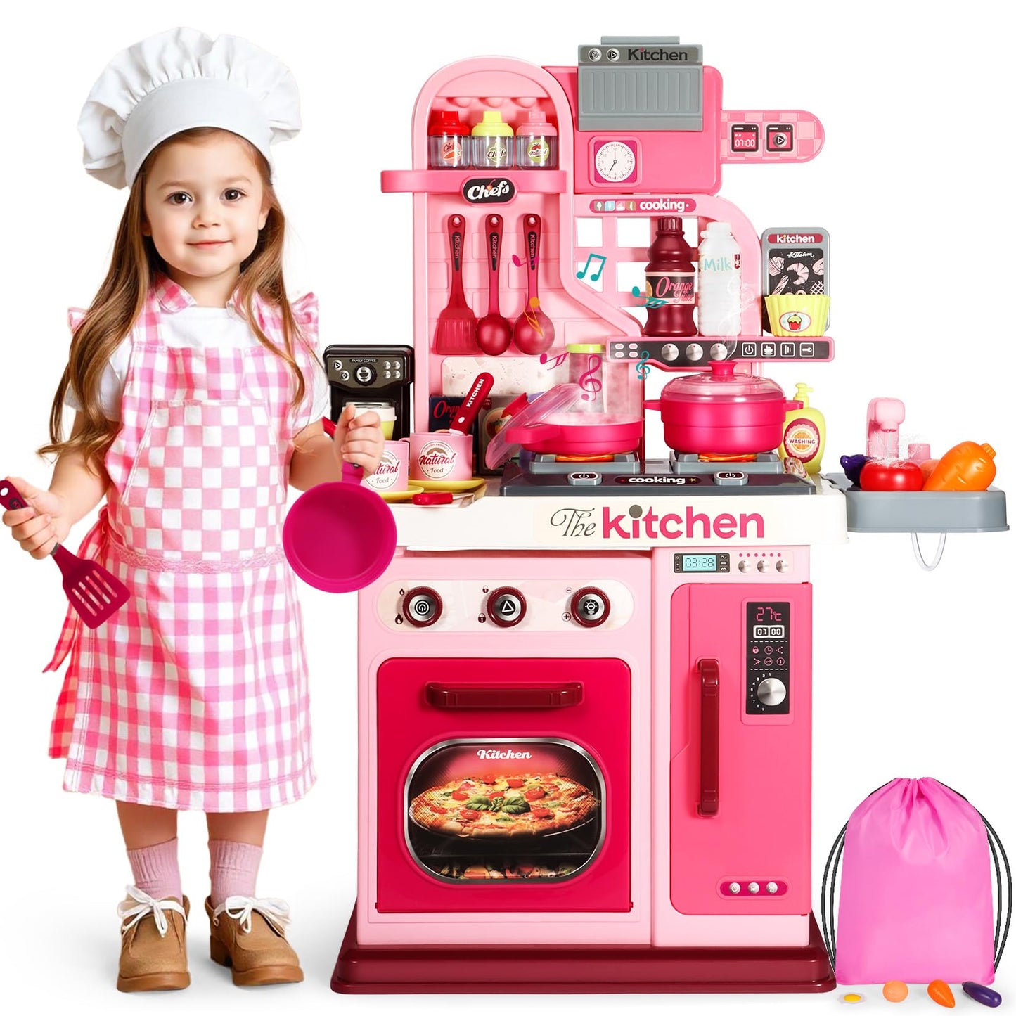 DRAMATION Kids Kitchen Playset – 27.1-Inch Pink Play Kitchen with Light & Sound