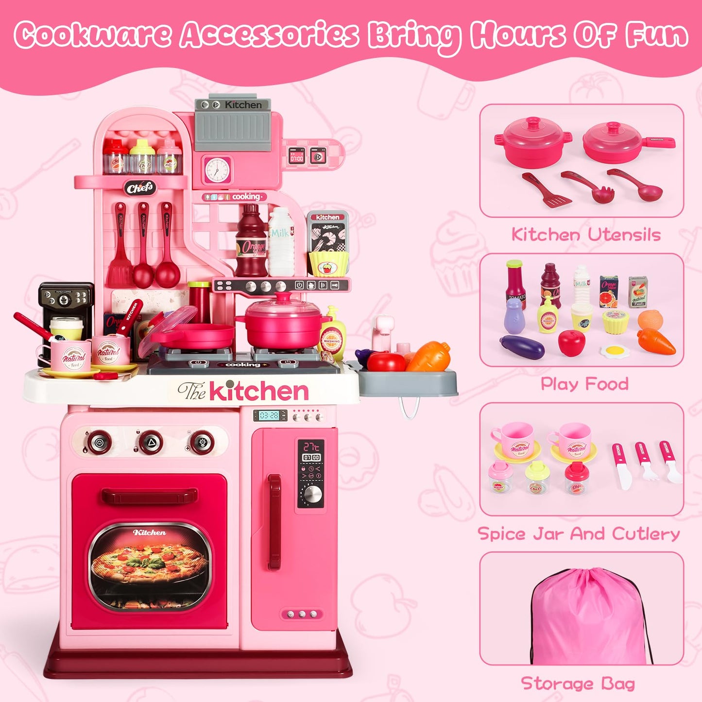 DRAMATION Kids Kitchen Playset – 27.1-Inch Pink Play Kitchen with Light & Sound