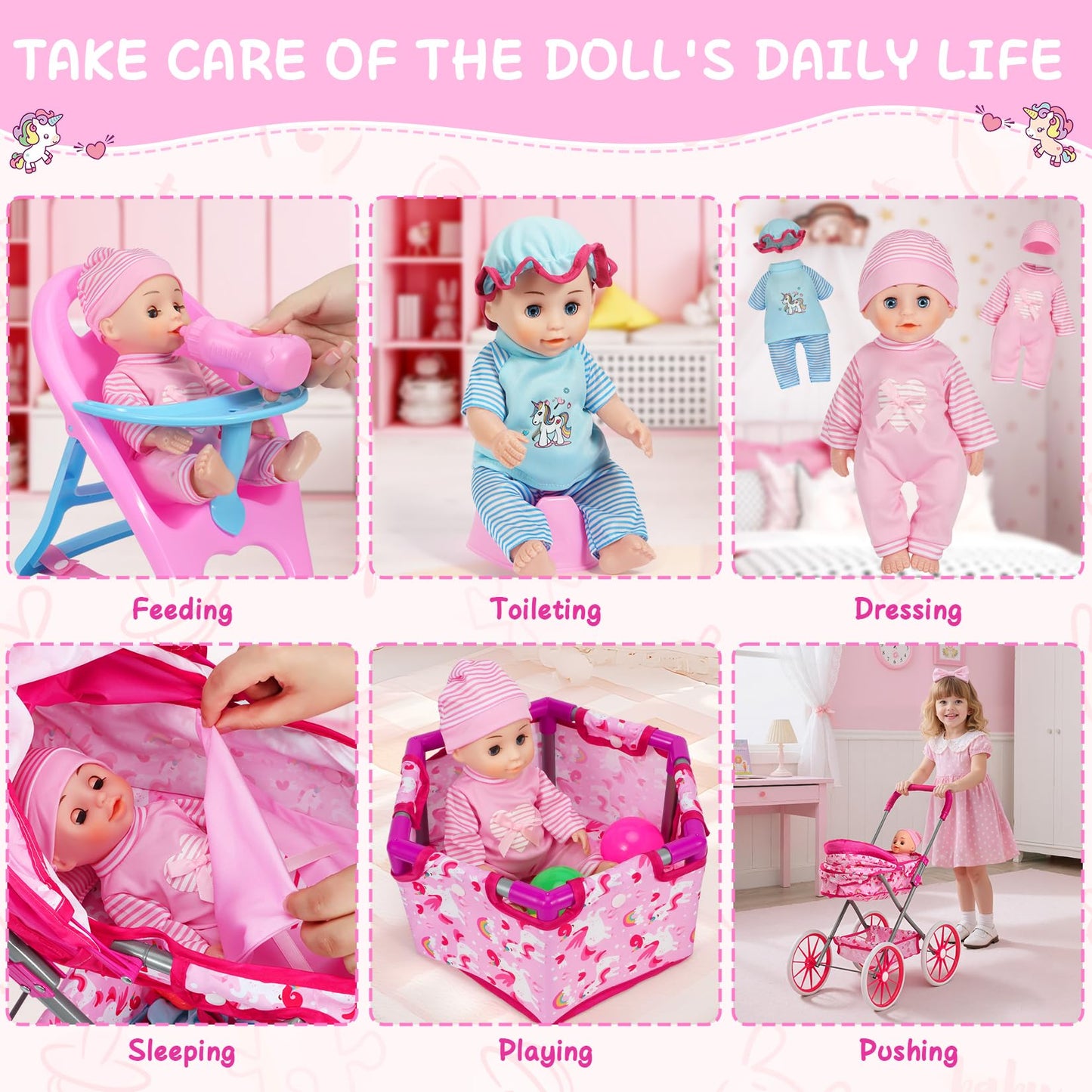 DRAMATION Unicorn Baby Doll Stroller Set – 11-Inch Doll, Foldable Stroller, Playpen, Dining Chair & 24 Accessories for Girls 3-6