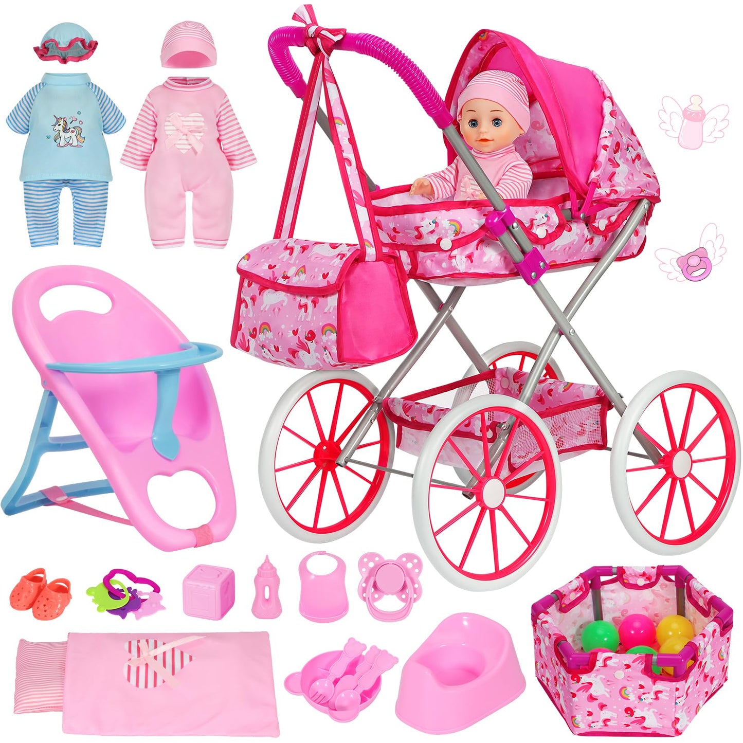 DRAMATION Unicorn Baby Doll Stroller Set – 11-Inch Doll, Foldable Stroller, Playpen, Dining Chair & 24 Accessories for Girls 3-6