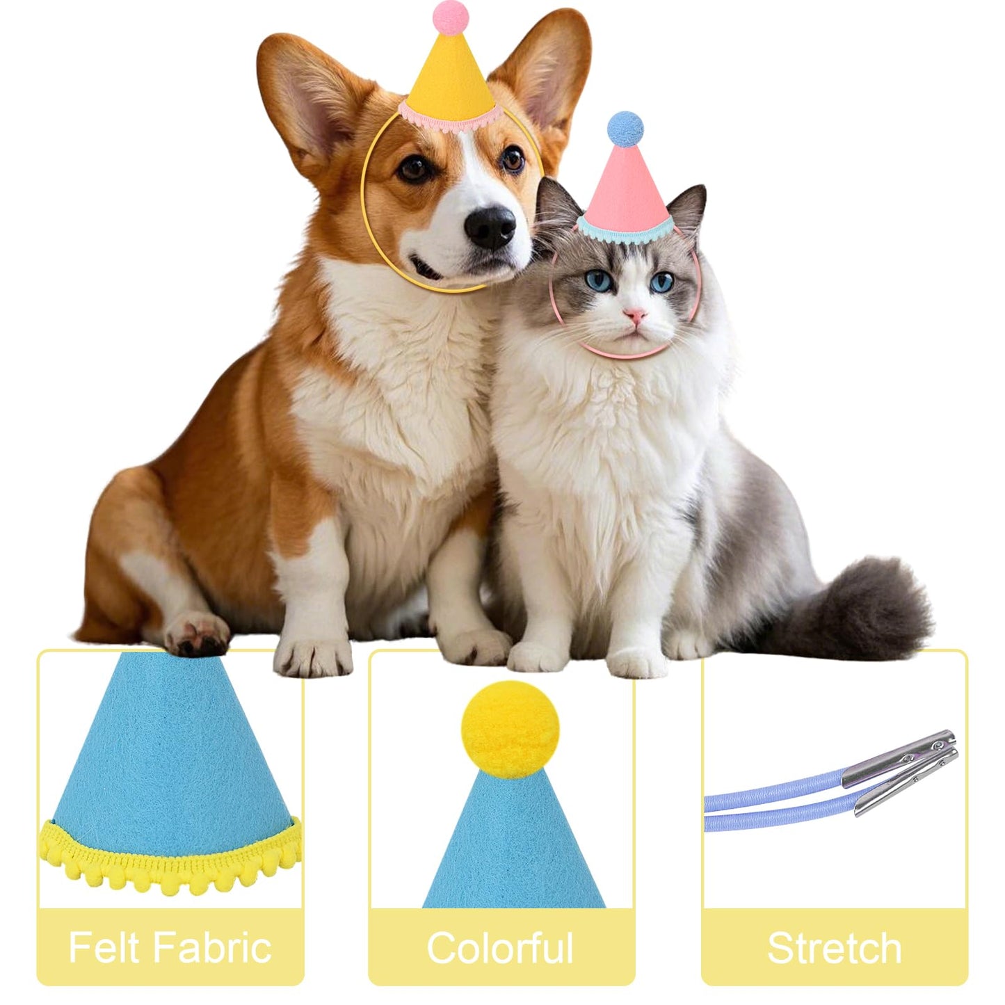 DRANSMIC 12 Pack Mini Party Hats for Stuffed Animals — Rainbow Felt Cone Hats for Dolls and Pets