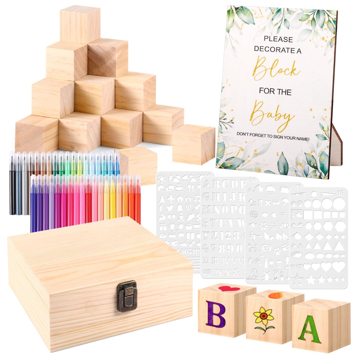 Draupnir Baby Shower Sign Kit: 50 Wooden Blocks, 36 Markers, 4 Stencils & Storage Box
