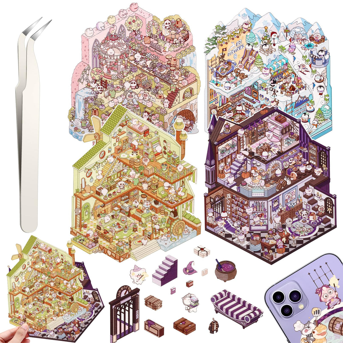 Draupnir DIY 3D House Stickers – 4-Set Creative Scene Kit for Home, Café, Bookstore & More