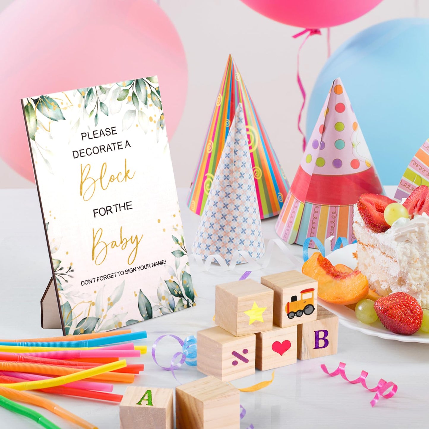 Draupnir Baby Shower Sign Kit: 50 Wooden Blocks, 36 Markers, 4 Stencils & Storage Box