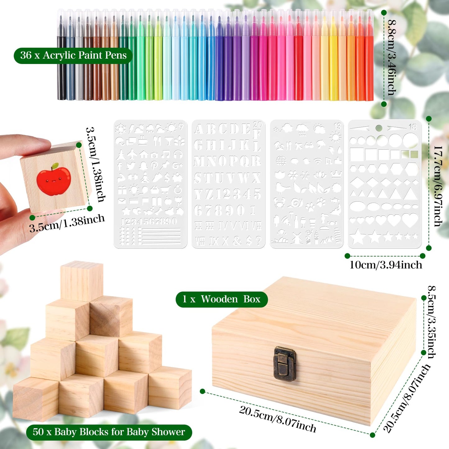 Draupnir Baby Shower Sign Kit: 50 Wooden Blocks, 36 Markers, 4 Stencils & Storage Box
