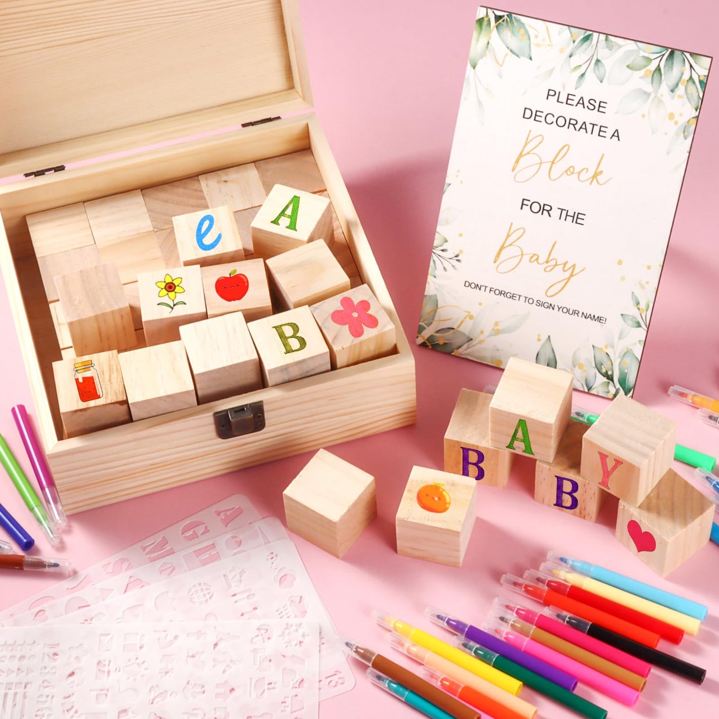 Draupnir Baby Shower Sign Kit: 50 Wooden Blocks, 36 Markers, 4 Stencils & Storage Box