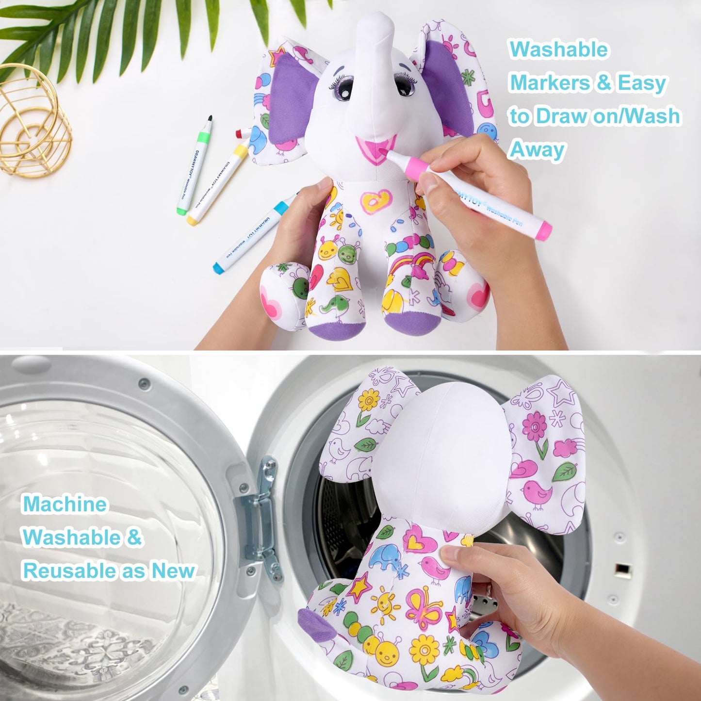 DrawMyToy Coloring Plush Elephant with 12 Washable Markers – Creative Toy for Kids 4-6