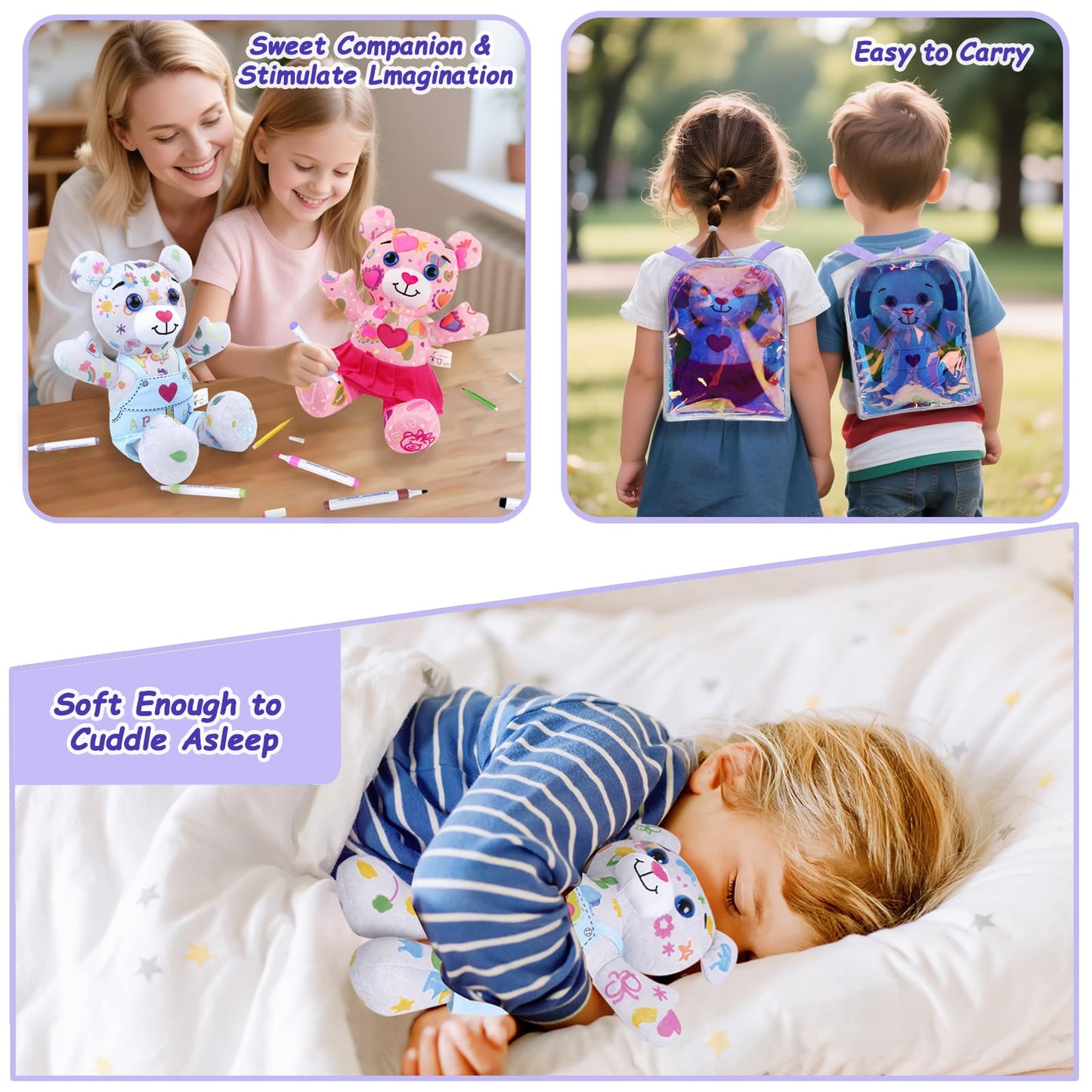 DRAWMYTOY Stuffed Animal Coloring Plush - 20 Washable Markers & Laser Holographic Backpack for Girls 3-6