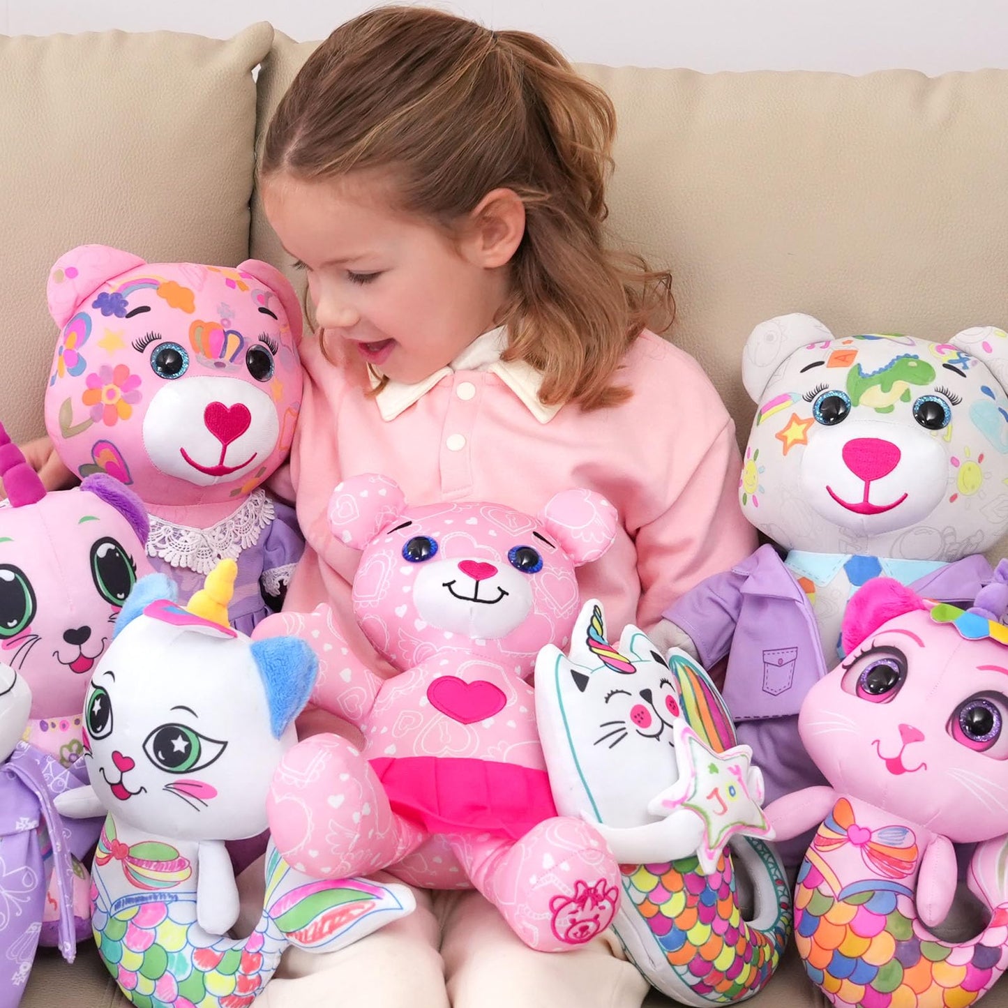 DRAWMYTOY Coloring Plush Toy with 12 Washable Markers – Pink Bear for Kids Aged 4-6