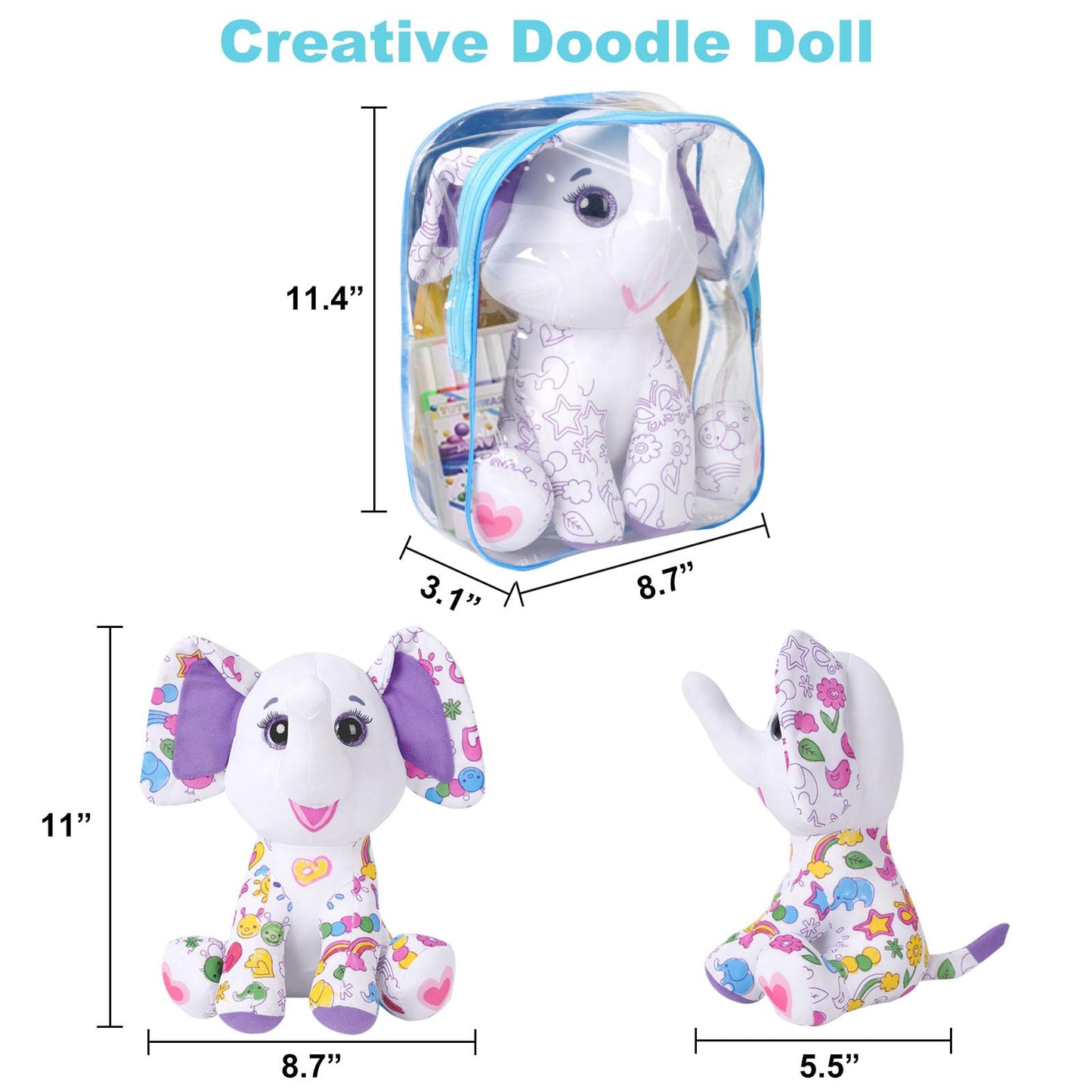 DrawMyToy Coloring Plush Elephant with 12 Washable Markers – Creative Toy for Kids 4-6