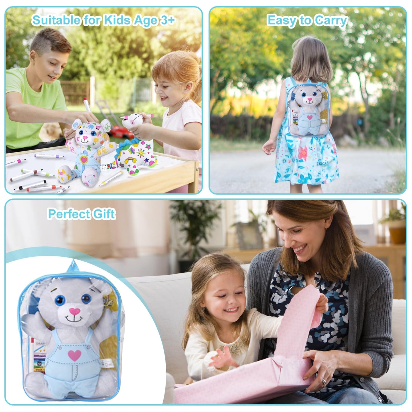 DRAWMYTOY Coloring Plush Toy with 12 Washable Markers – Blue Bear | For Kids Aged 4-6