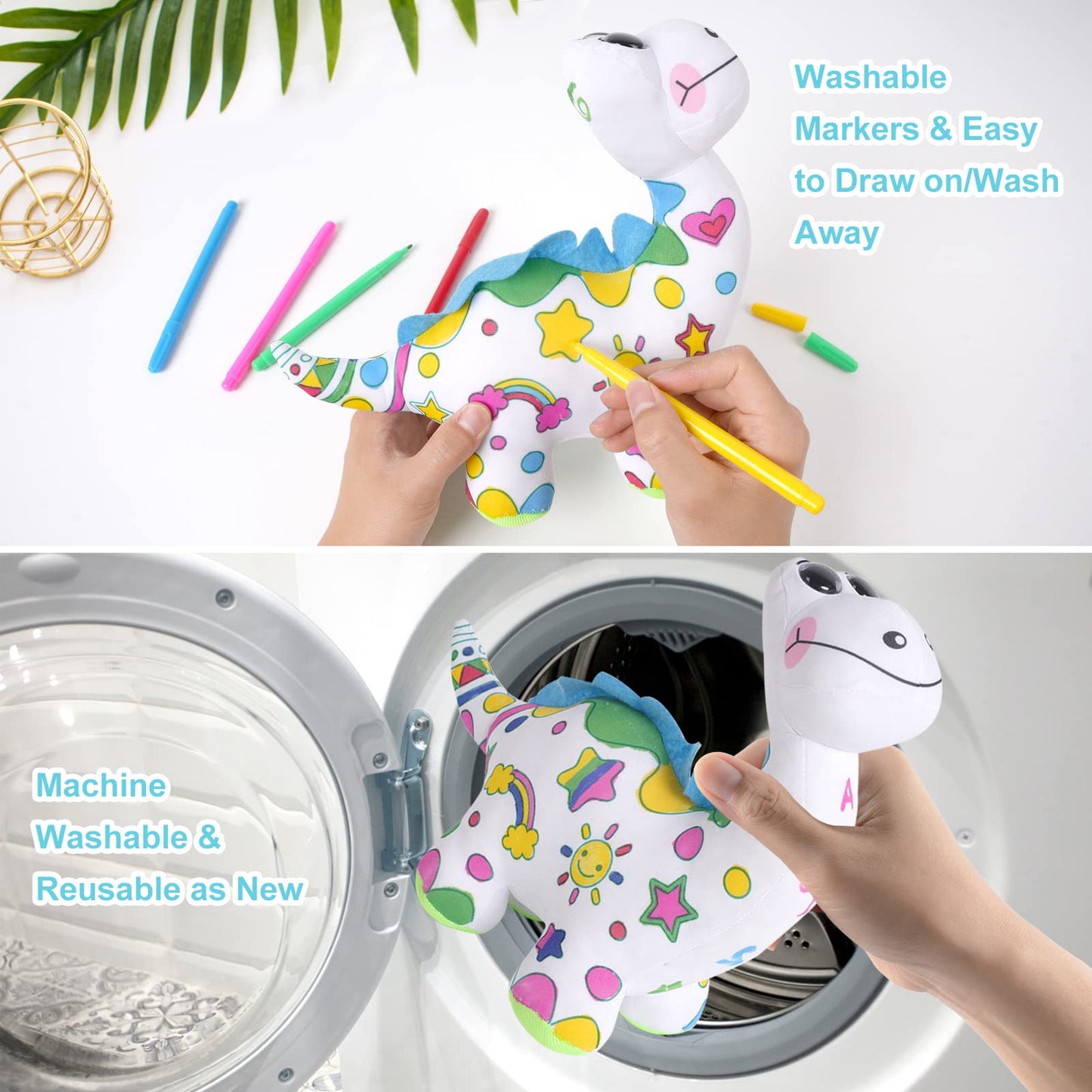 DRAWMYTOY Coloring Plush Toy with 5 Washable Markers — Dinosaur Doodle Doll for Kids Ages 4-6