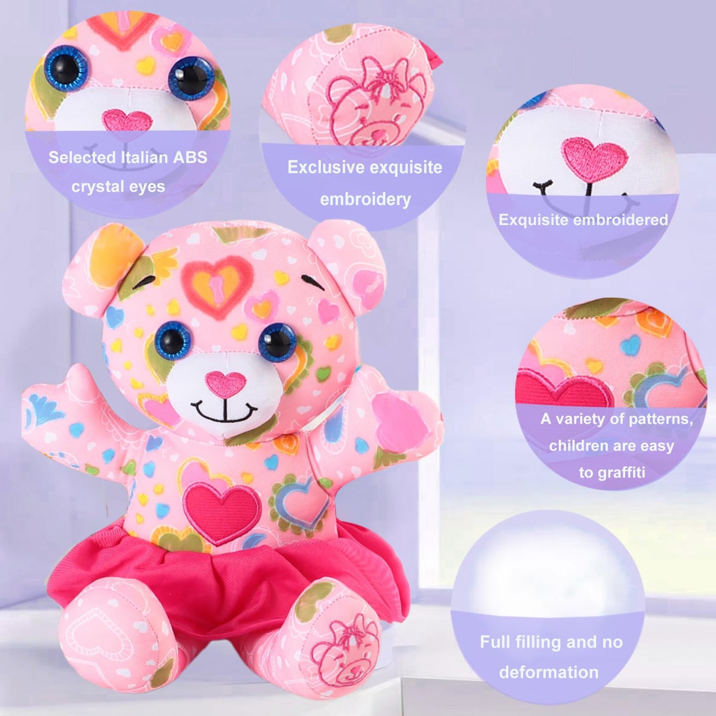 DRAWMYTOY Coloring Plush Toy with 12 Washable Markers – Pink Bear for Kids Aged 4-6