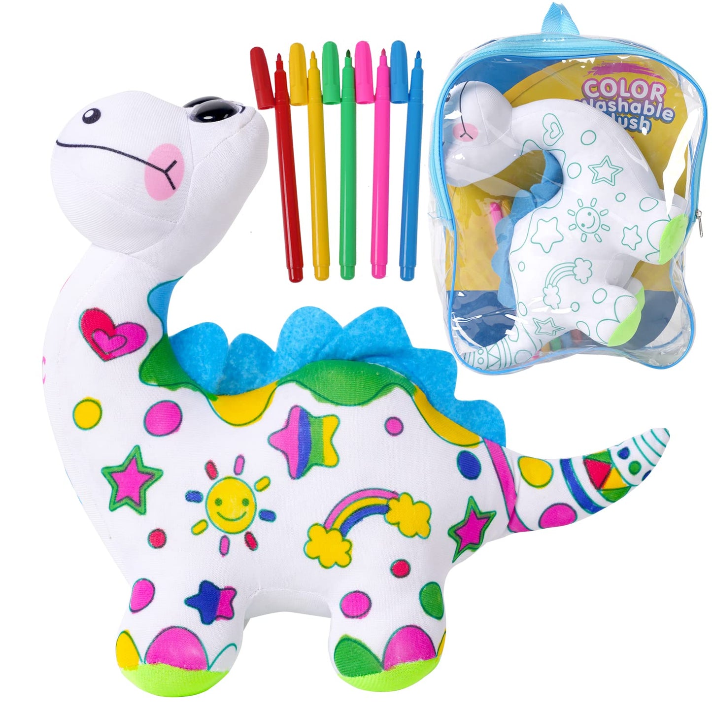 DRAWMYTOY Coloring Plush Toy with 5 Washable Markers — Dinosaur Doodle Doll for Kids Ages 4-6