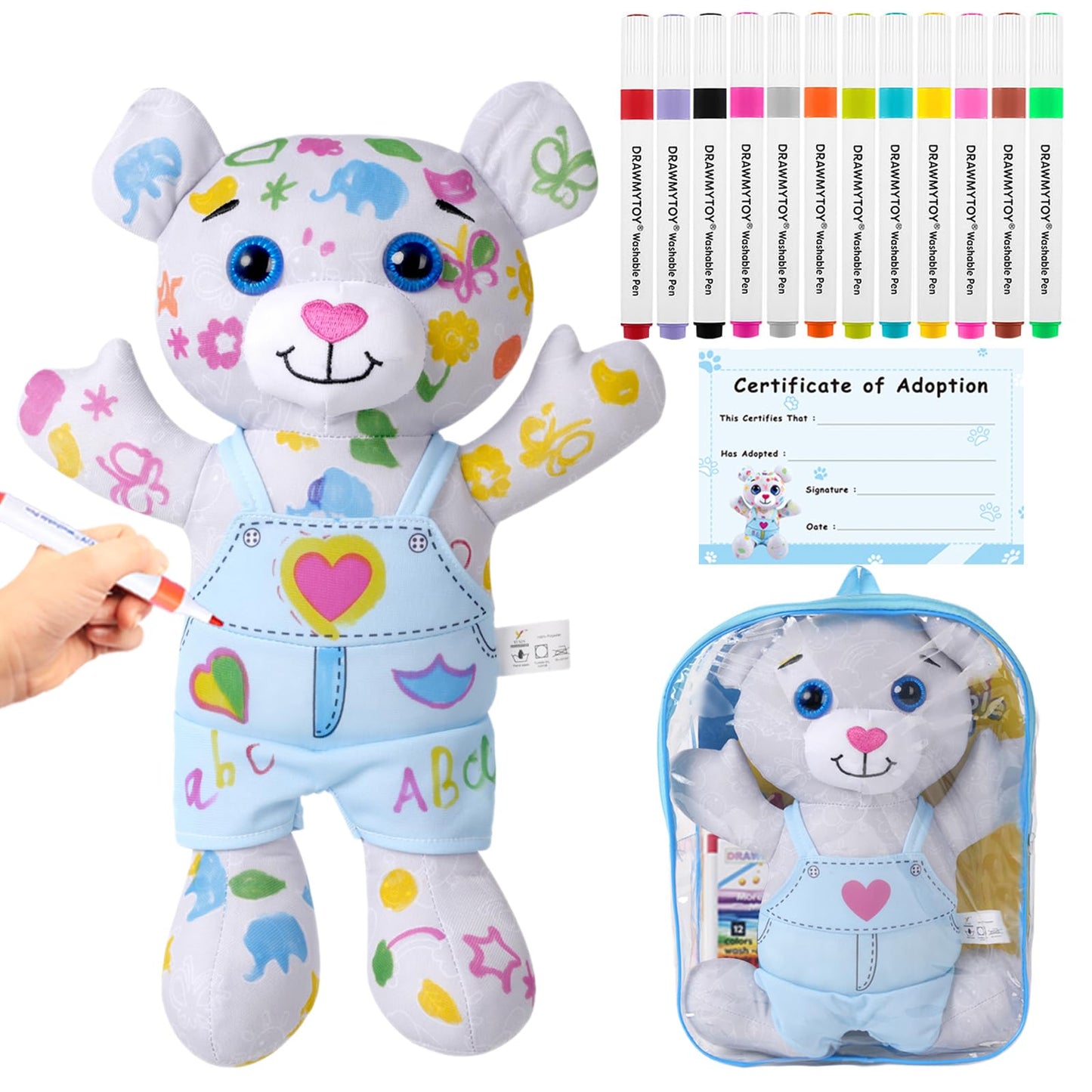 DRAWMYTOY Coloring Plush Toy with 12 Washable Markers – Blue Bear | For Kids Aged 4-6