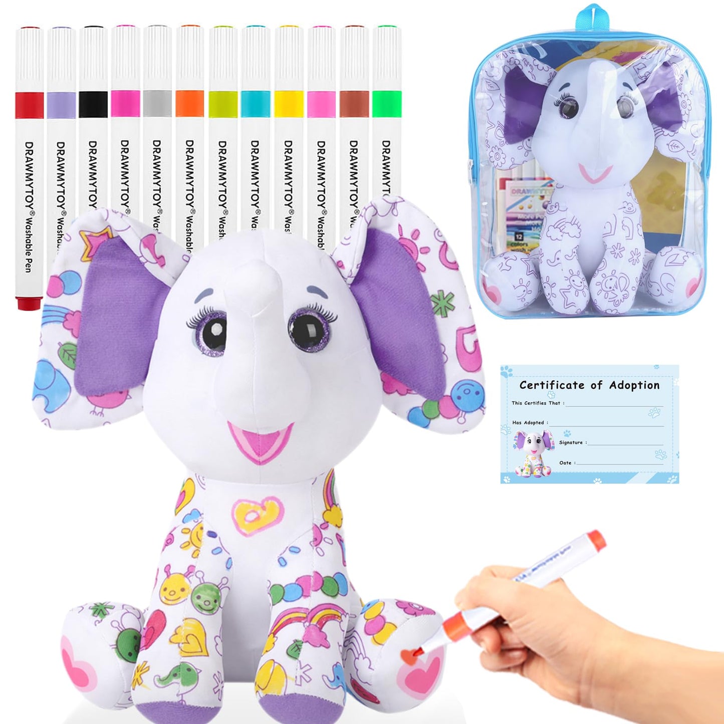 DrawMyToy Coloring Plush Elephant with 12 Washable Markers – Creative Toy for Kids 4-6