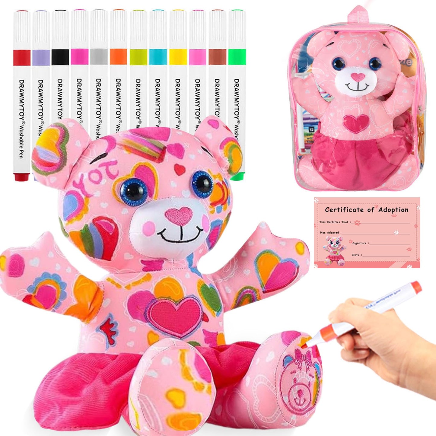 DRAWMYTOY Coloring Plush Toy with 12 Washable Markers – Pink Bear for Kids Aged 4-6