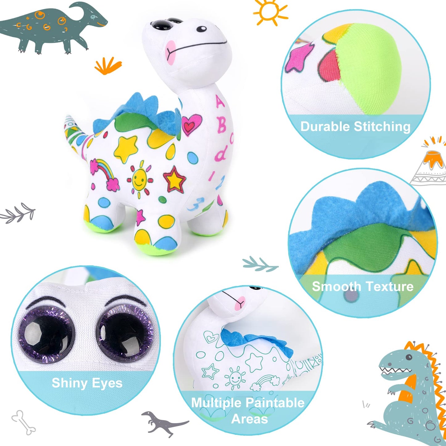 DRAWMYTOY Coloring Plush Toy with 5 Washable Markers — Dinosaur Doodle Doll for Kids Ages 4-6