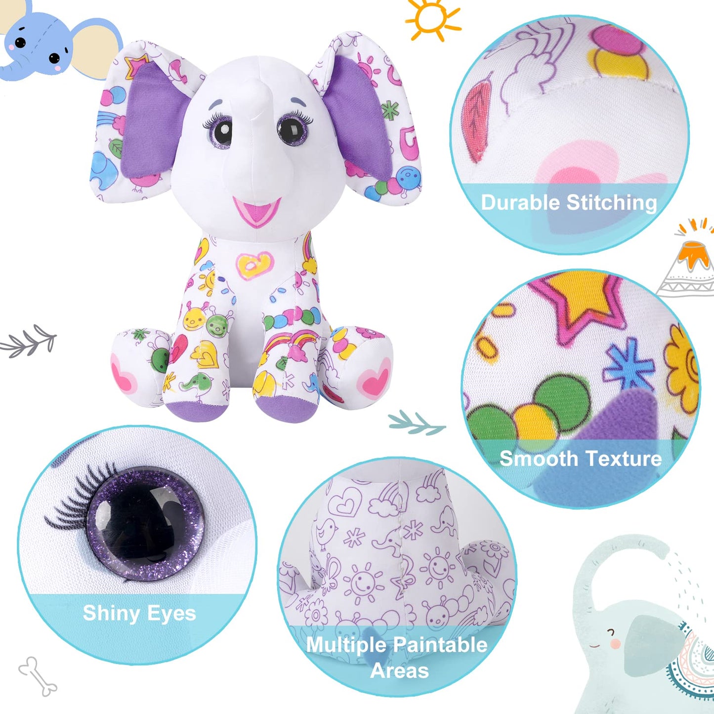 DrawMyToy Coloring Plush Elephant with 12 Washable Markers – Creative Toy for Kids 4-6