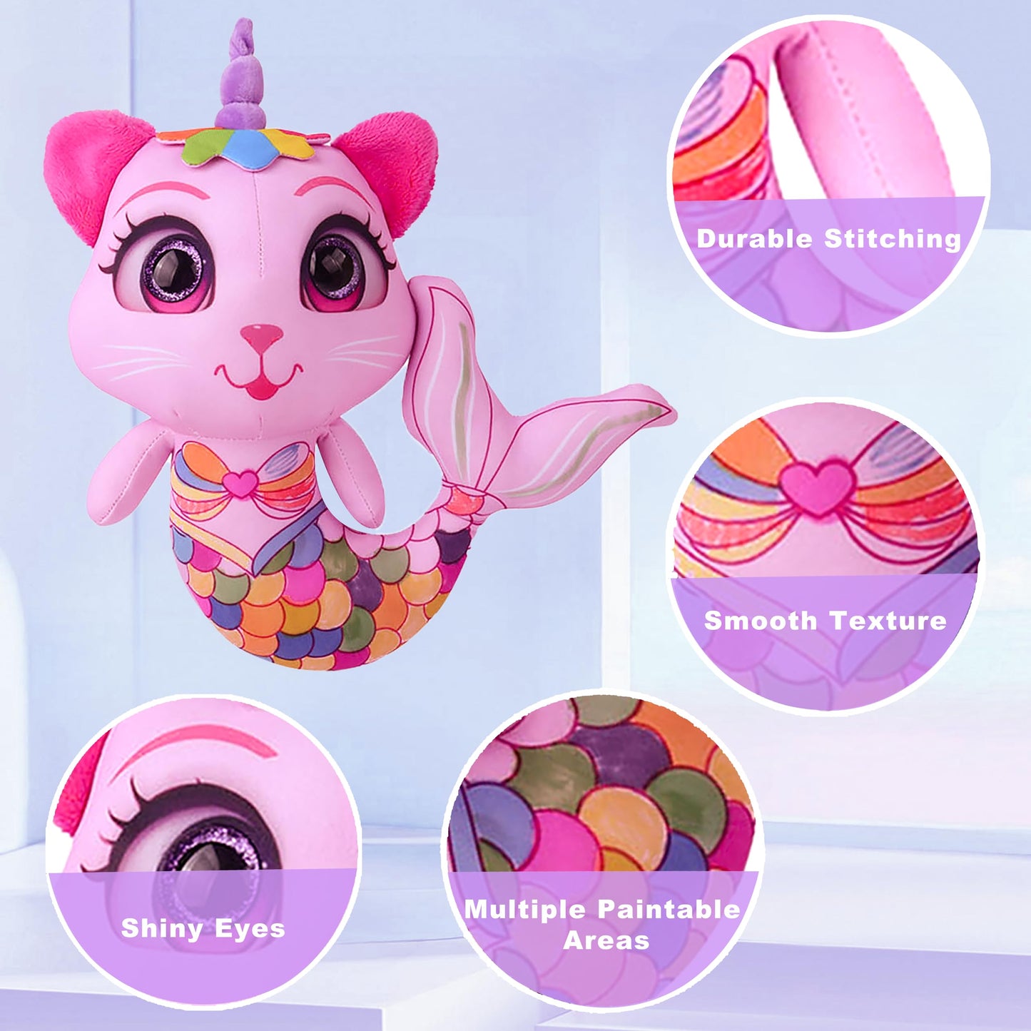 DRAWMYTOY Stuffed Animal Coloring Plush: 20 Washable Markers + Laser Holographic Backpack for Kids Aged 3-6