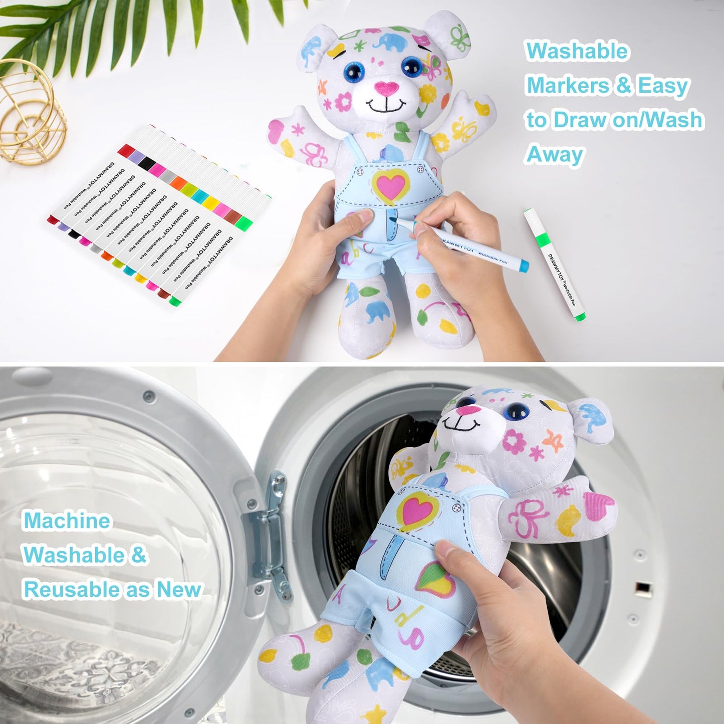 DRAWMYTOY Coloring Plush Toy with 12 Washable Markers – Blue Bear | For Kids Aged 4-6
