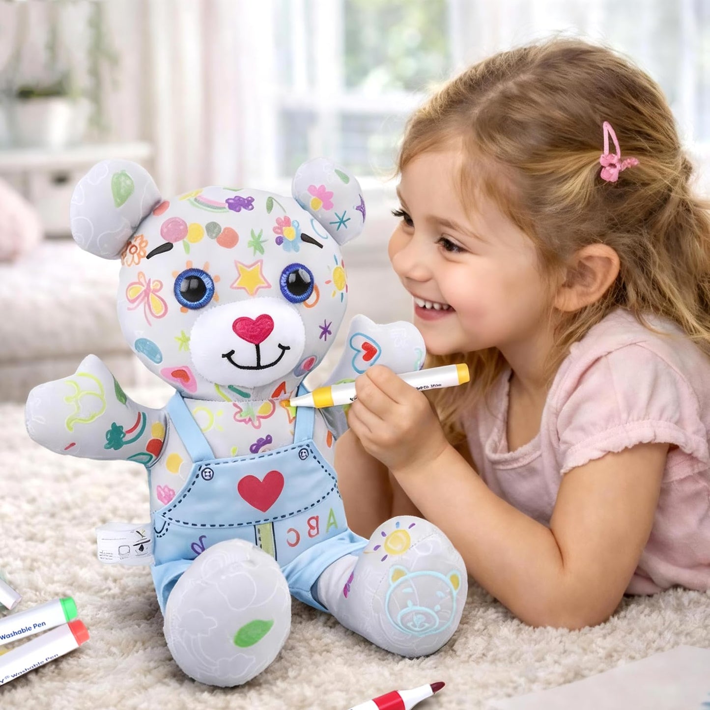DRAWMYTOY Stuffed Animal Coloring Plush - 20 Washable Markers & Laser Holographic Backpack for Girls 3-6