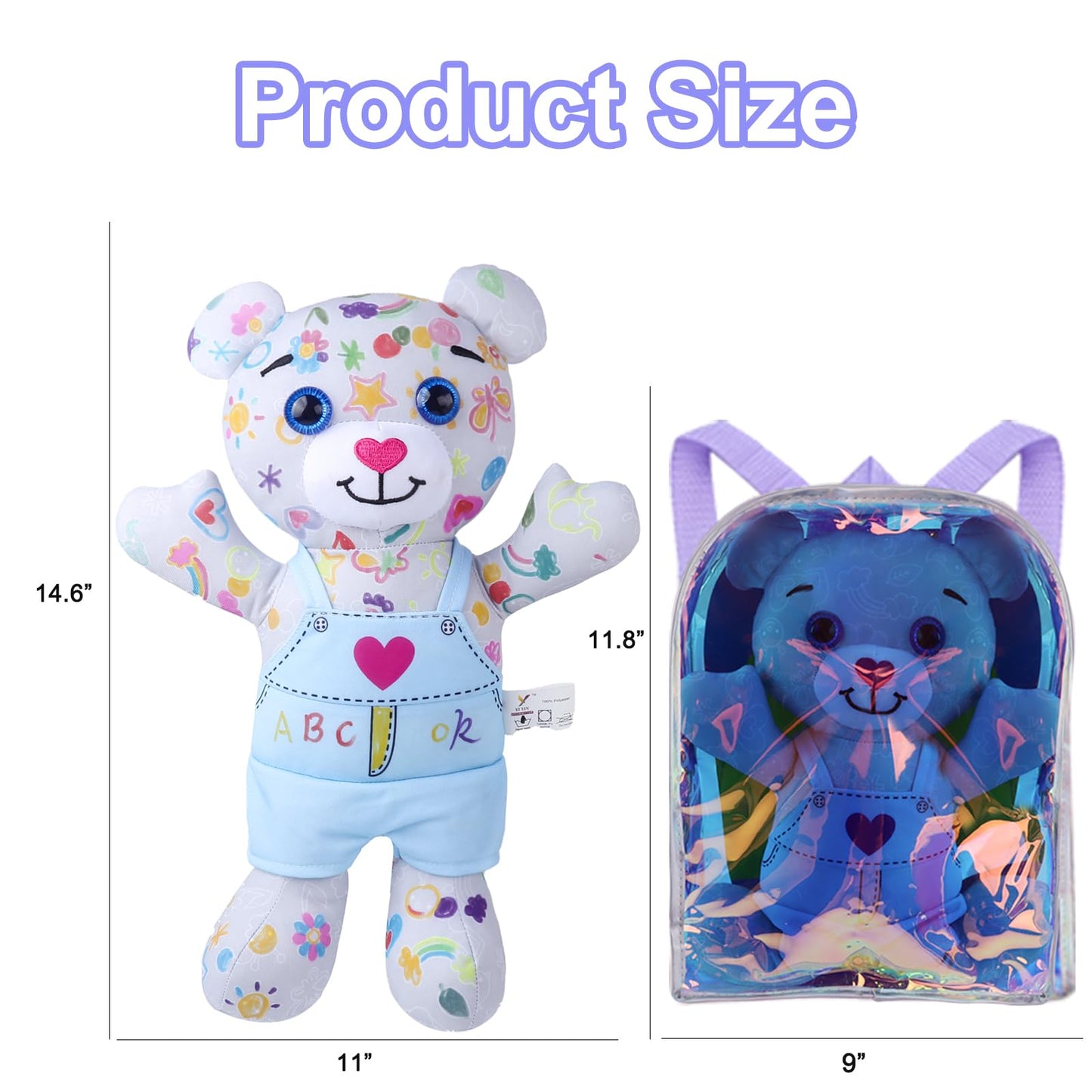 DRAWMYTOY Stuffed Animal Coloring Plush - 20 Washable Markers & Laser Holographic Backpack for Girls 3-6