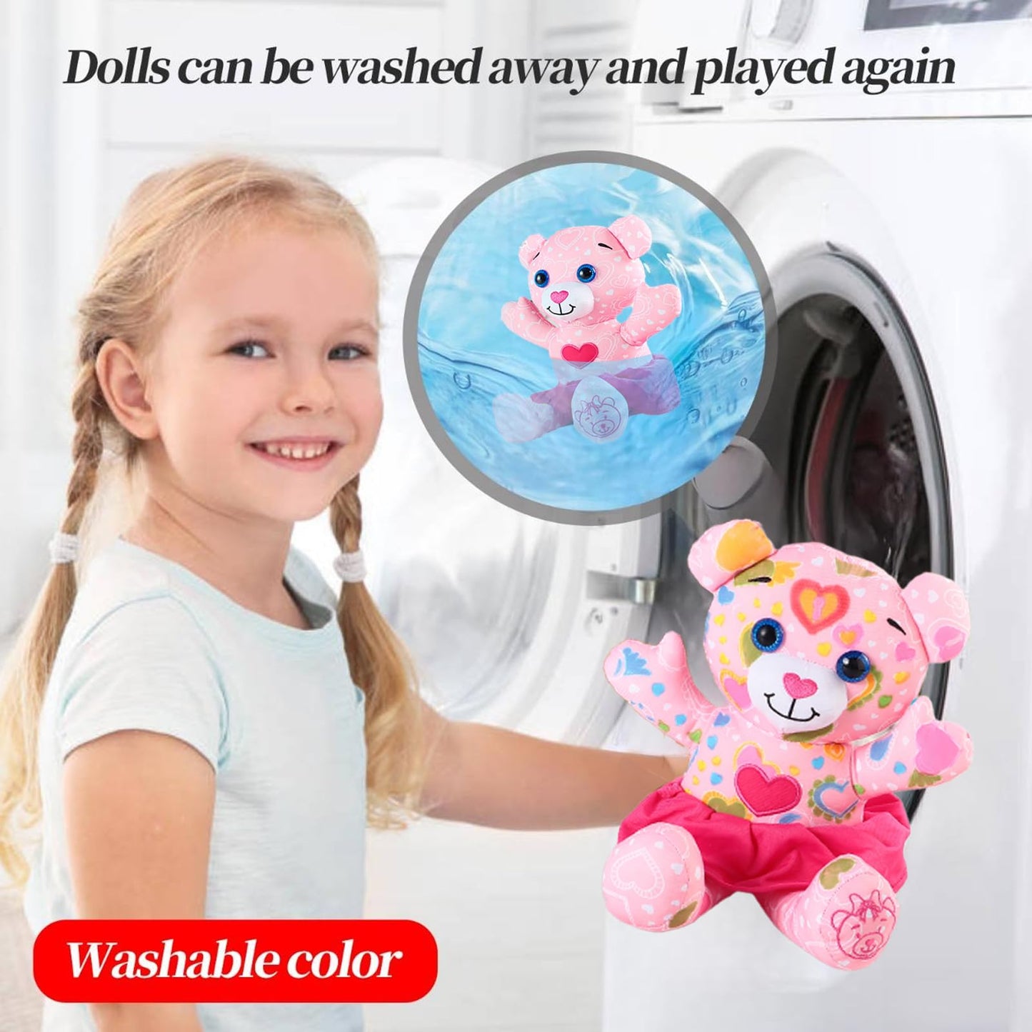 DRAWMYTOY Coloring Plush Toy with 12 Washable Markers – Pink Bear for Kids Aged 4-6