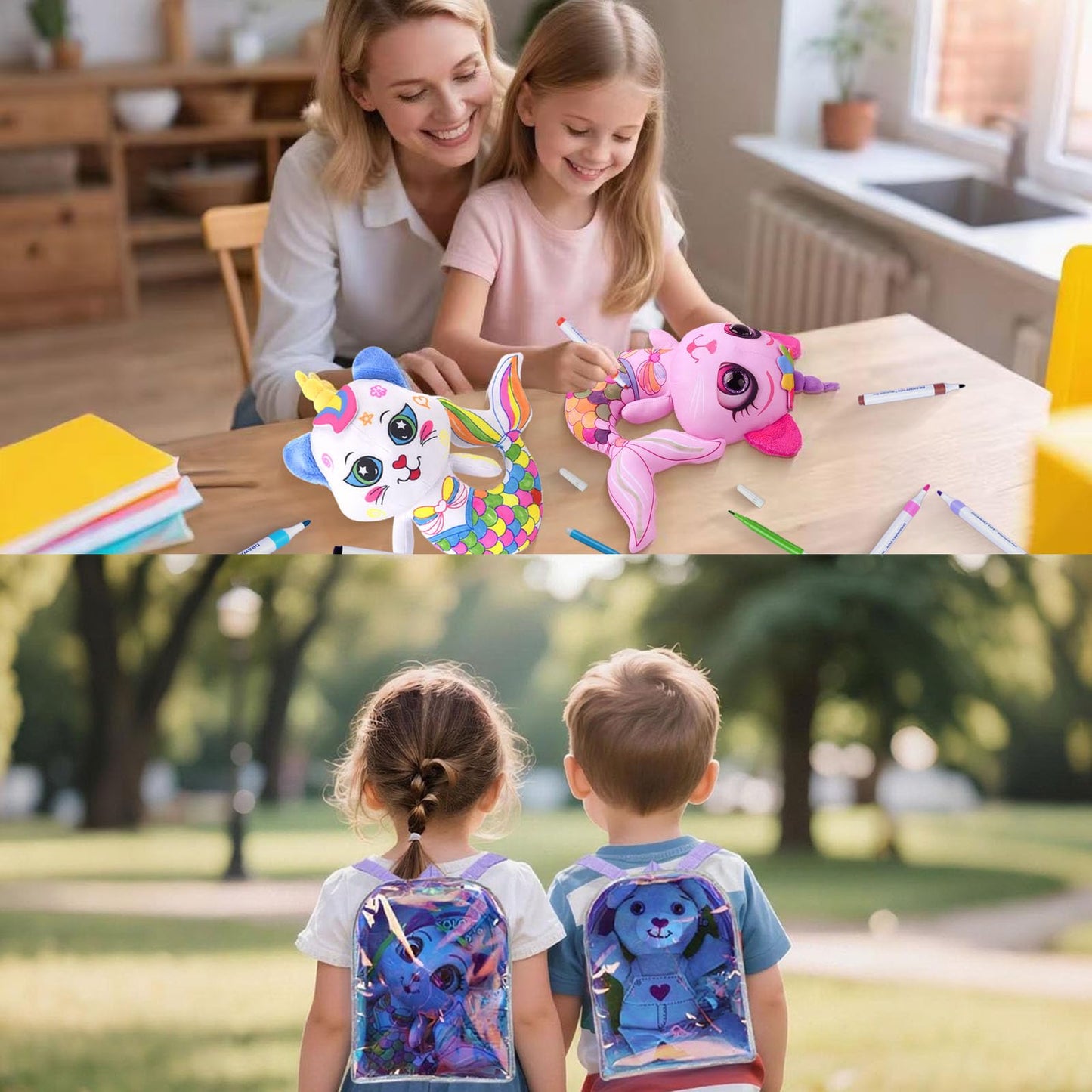 DRAWMYTOY Stuffed Animal Coloring Plush: 20 Washable Markers + Laser Holographic Backpack for Kids Aged 3-6