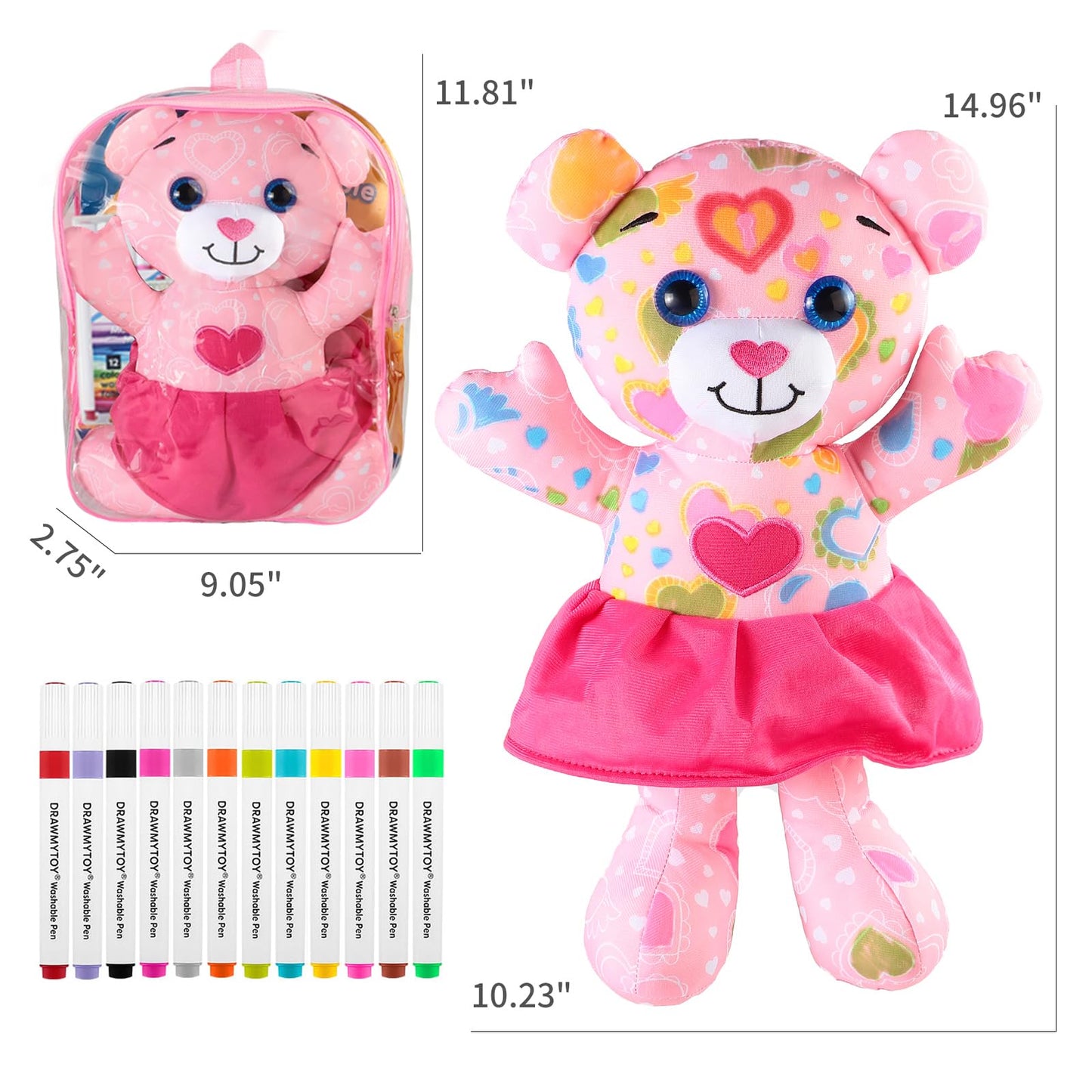 DRAWMYTOY Coloring Plush Toy with 12 Washable Markers – Pink Bear for Kids Aged 4-6