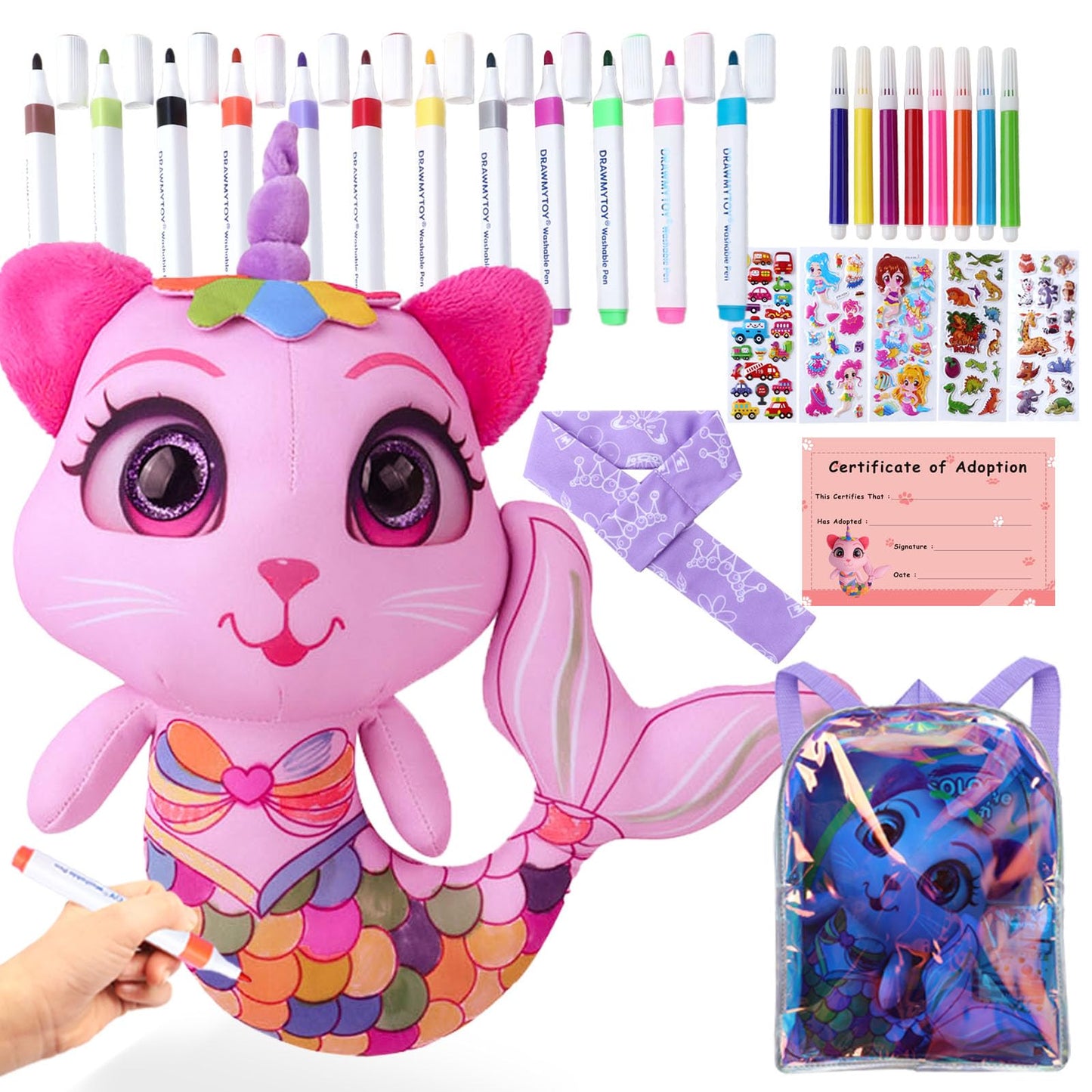 DRAWMYTOY Stuffed Animal Coloring Plush: 20 Washable Markers + Laser Holographic Backpack for Kids Aged 3-6