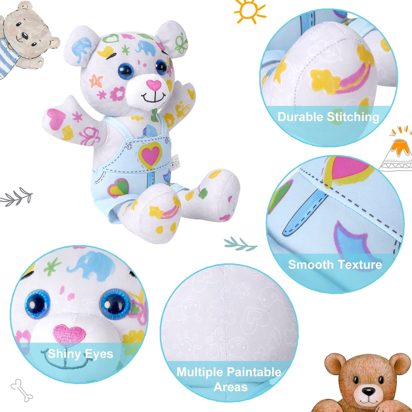 DRAWMYTOY Stuffed Animal Coloring Plush - 20 Washable Markers & Laser Holographic Backpack for Girls 3-6