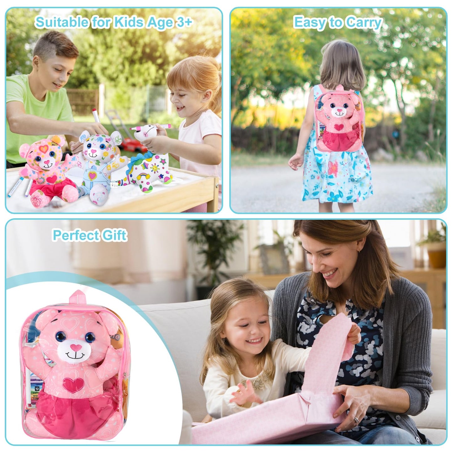 DRAWMYTOY Coloring Plush Toy with 12 Washable Markers – Pink Bear for Kids Aged 4-6