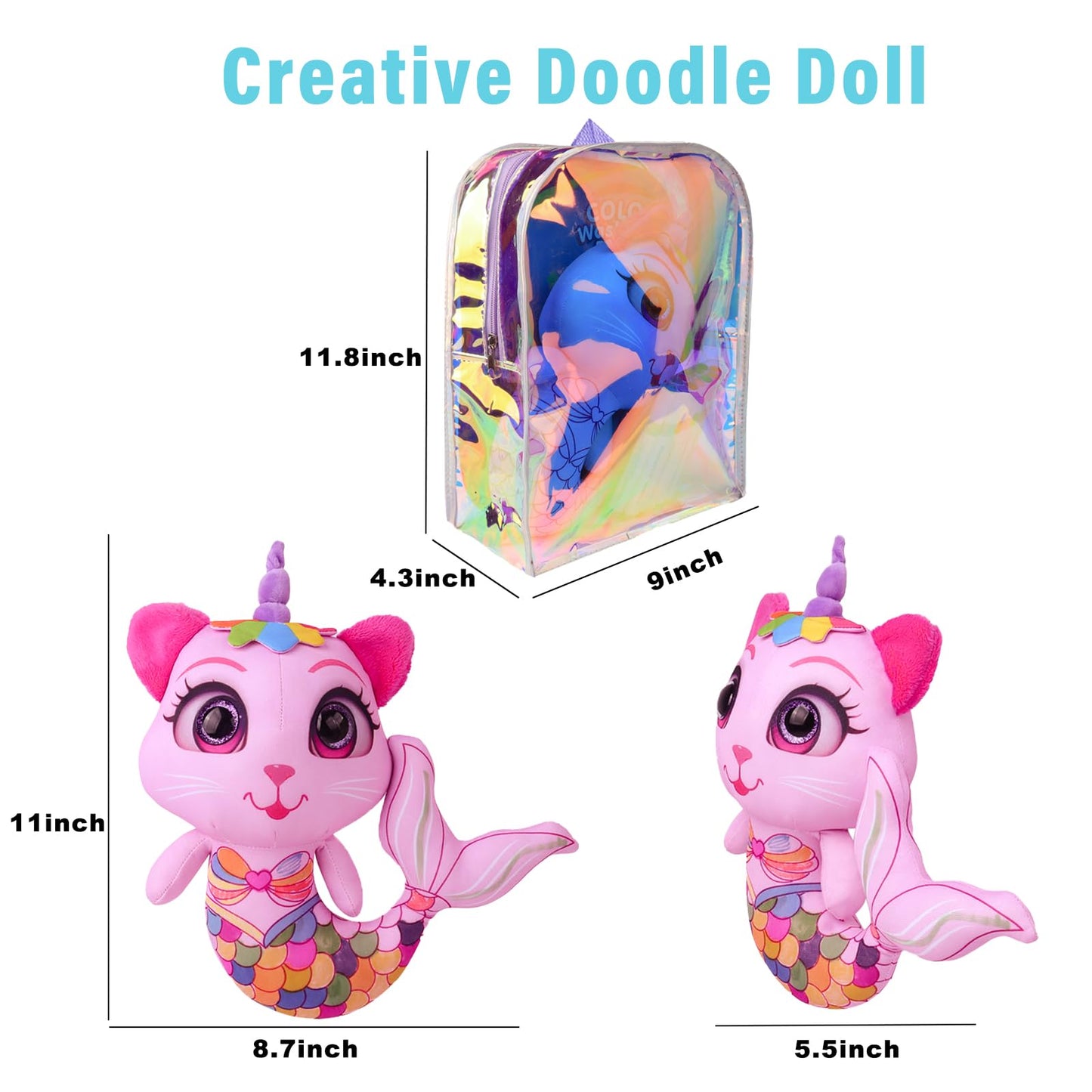 DRAWMYTOY Stuffed Animal Coloring Plush: 20 Washable Markers + Laser Holographic Backpack for Kids Aged 3-6