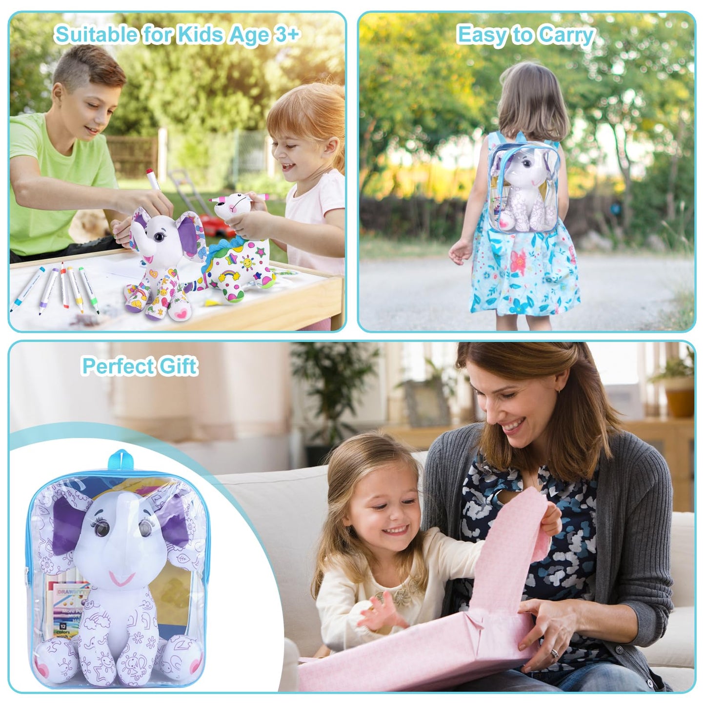 DrawMyToy Coloring Plush Elephant with 12 Washable Markers – Creative Toy for Kids 4-6