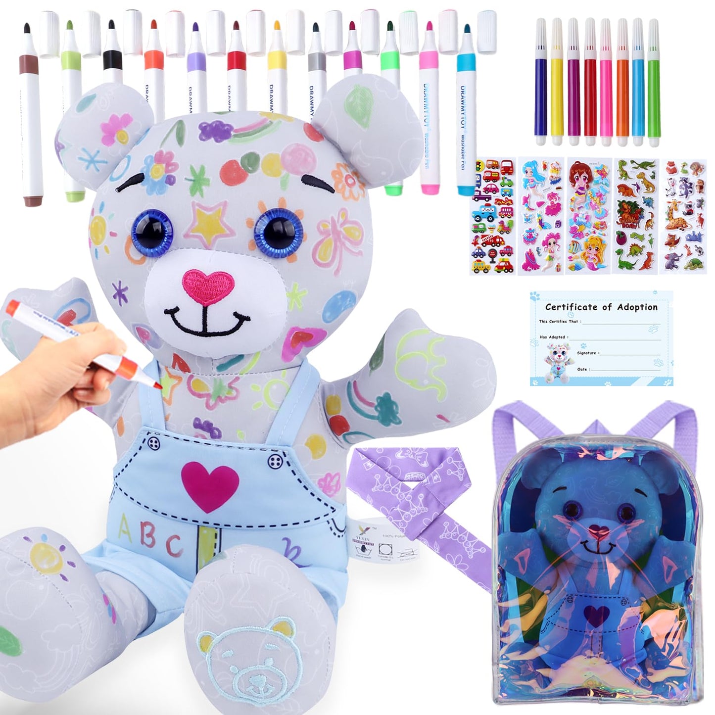 DRAWMYTOY Stuffed Animal Coloring Plush - 20 Washable Markers & Laser Holographic Backpack for Girls 3-6