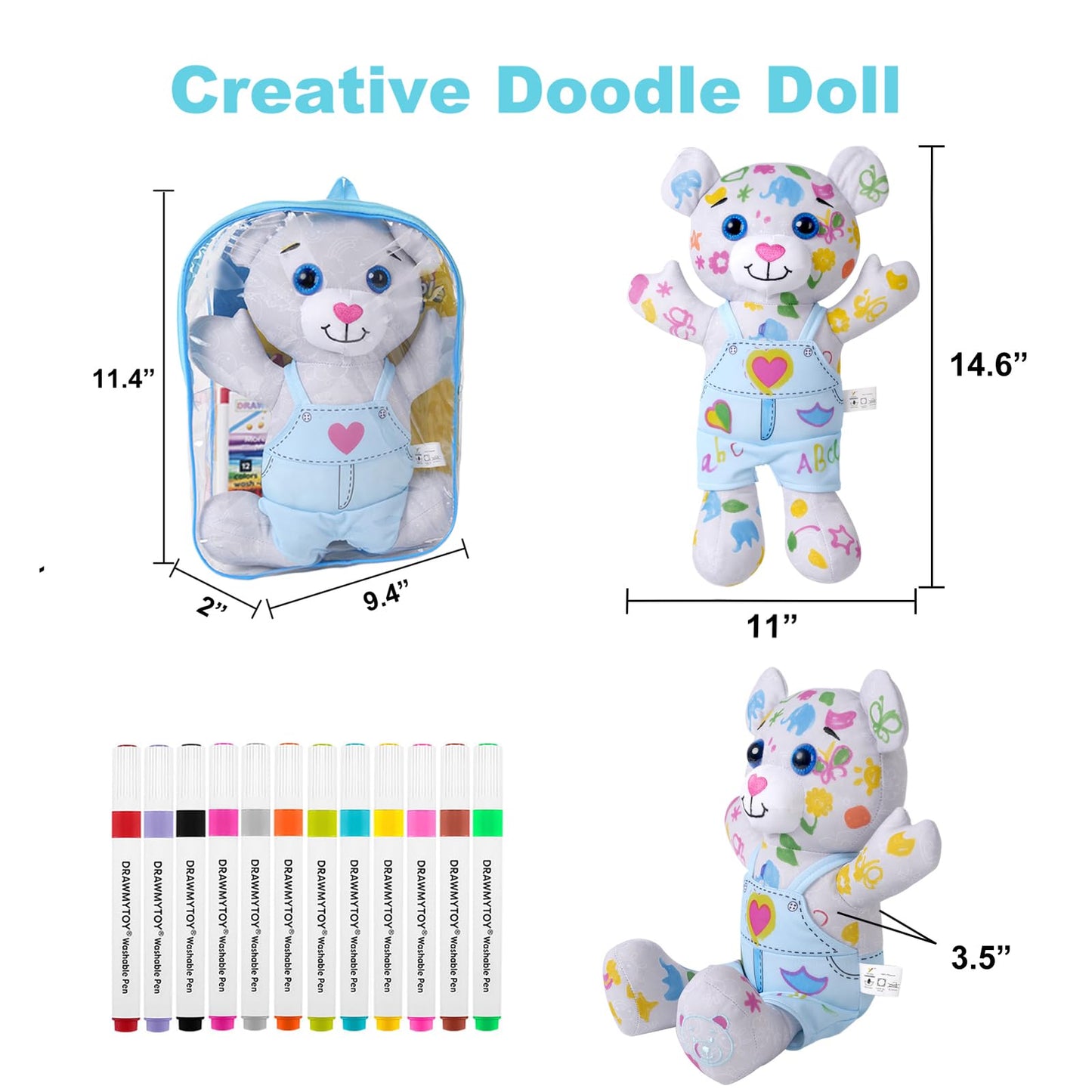 DRAWMYTOY Coloring Plush Toy with 12 Washable Markers – Blue Bear | For Kids Aged 4-6